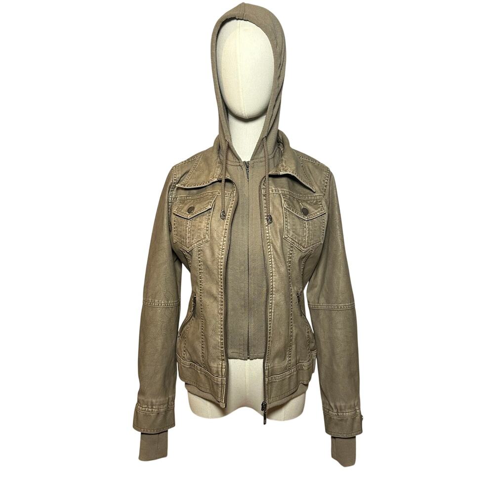 B.Coature Hooded Moto Jacket Taupe S Layered Look Y2K Biker Grunge Vegan Leather
